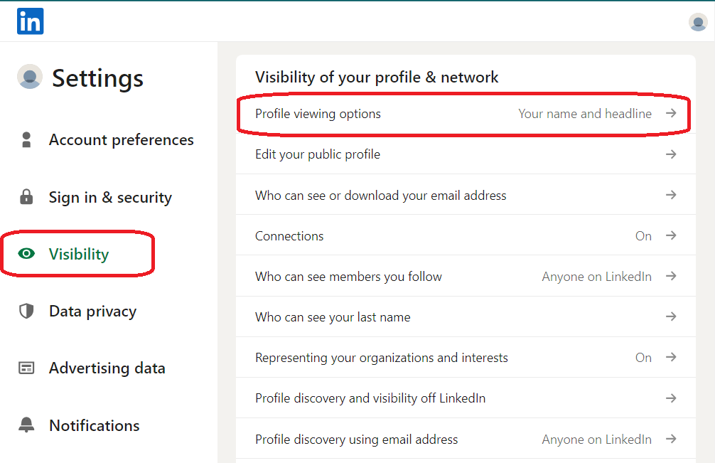 LinkedIn visibility and profile viewing options