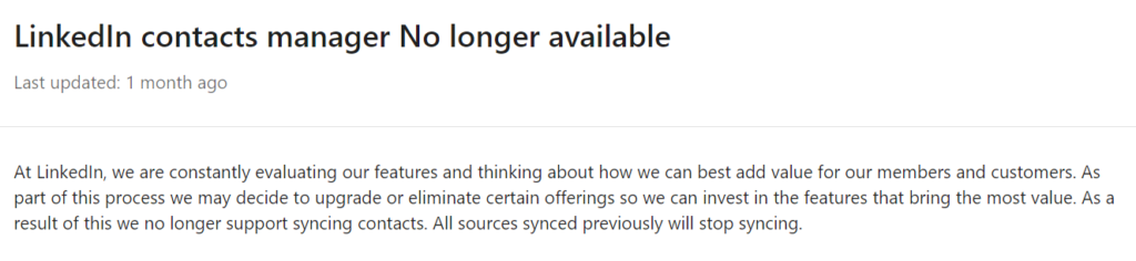 LinkedIn removed the contacts manager feature 