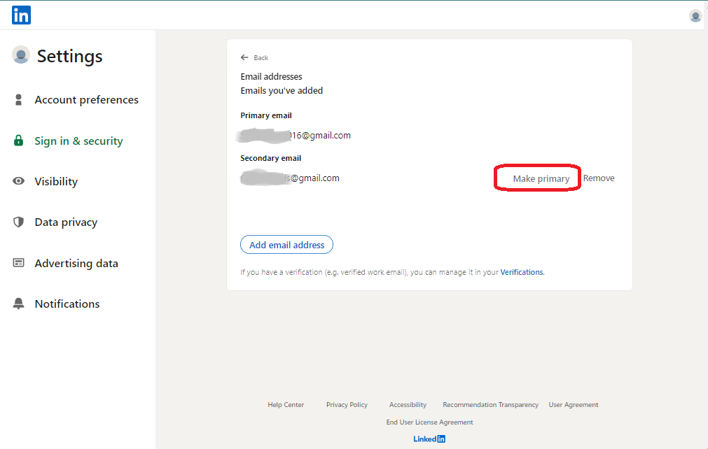 can you change your primary email on linkedin